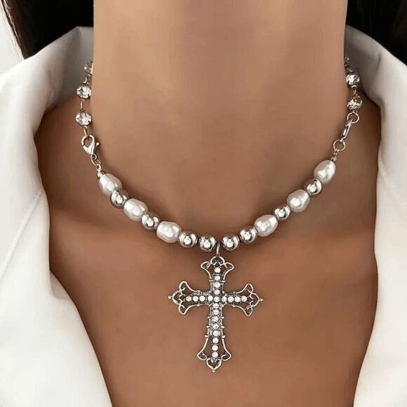Western Boho Pearl Diamond Stainless Steel Cross Pendant Choker Necklace - Picture 1 of 5